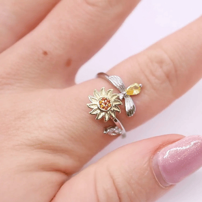 Bague d'anxiété (anneau rotatif tournesol et abeille) couleur argent